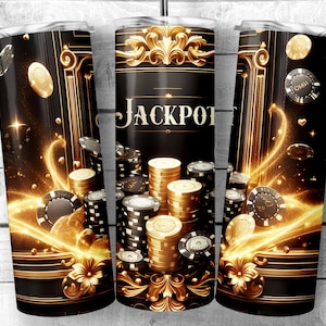Gold and Black Poker Chips 20oz Skinny Tumbler Sublimation Design, Luxury JAckpot Design Template, Card lover, Casino PNG,Digital Download