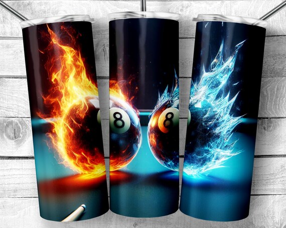 Flaming and Frozen Eight Billiards Balls 20oz Skinny Tumbler