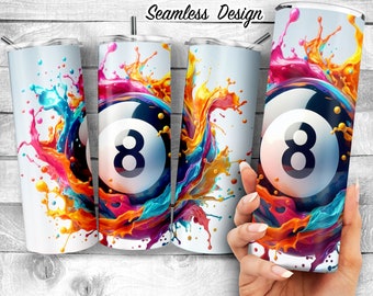 May include: A white tumbler with a colourful paint splatter design and a black and white 8-ball in the centre.