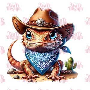 Cute Cowboy Lizard PNG - Western Themed Baby Reptile Sublimation Design, Big Eye Cartoon Gecko Illustration, Digital Download for Prints