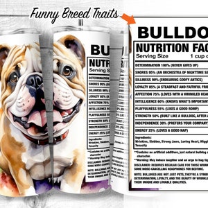 English Bulldog 20oz Skinny Tumbler Design, Bulldog Facts, Dog Traits, Dog Ingredient Tumbler, Sublimation Wrap, Digital Download