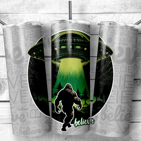 Bigfoot et les extraterrestres croient 20oz Skinny Tumbler Design | Funny Sasquatch Design Tumbler Wrap | Yeti à la recherche d’un emballage de sublimation OVNI