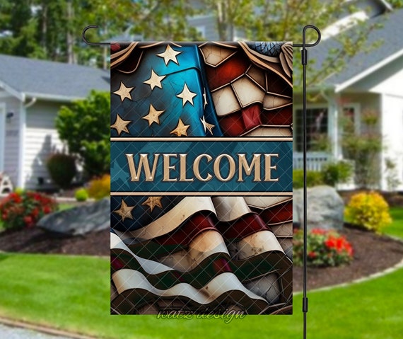 Welcome Faux Stained Glass American Flag Garden Flag | Patriotic Art Design Template | Digital Download