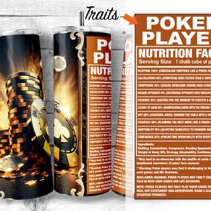 Faits nutritionnels des joueurs de poker 20oz Skinny Tumbler Design, Faits sur les amateurs de cartes et ingrédients Tumbler Wrap, Faits sur les amateurs de casino, Téléchargement numérique