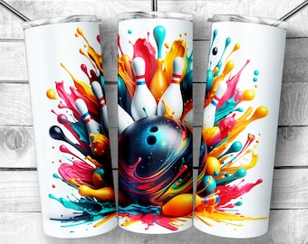 Bola de bolos de colores y alfileres Diseño de sublimación de vaso delgado de 20 oz, plantilla de diseño de bolos de espectro, png psicodélico, descarga digital