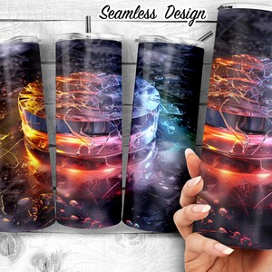May include: Seamless design for a tumbler featuring a colorful, abstract, swirling pattern with a metallic sheen. The design is repeated across the entire surface of the tumbler.