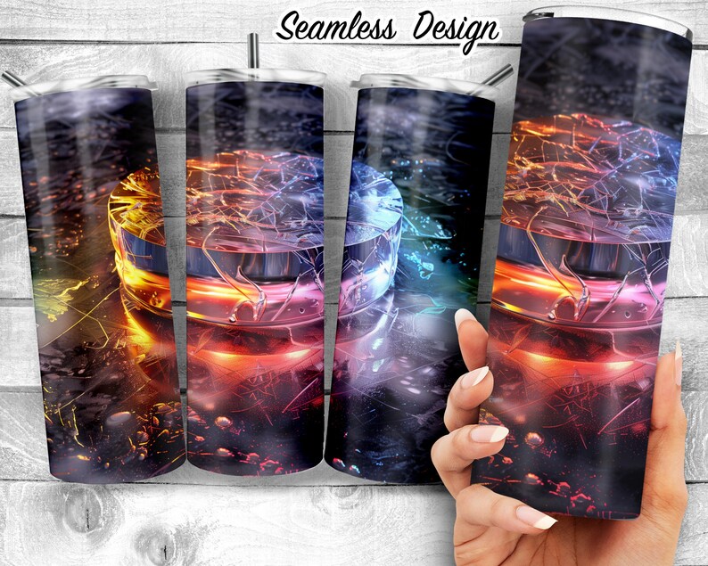 May include: Seamless design for a tumbler featuring a colorful, abstract, swirling pattern with a metallic sheen. The design is repeated across the entire surface of the tumbler.