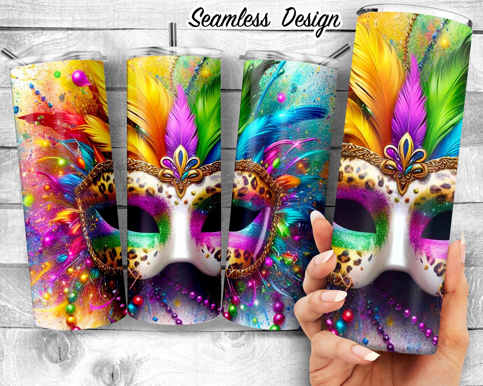 Colorful Mardi Gras 20oz Skinny Tumbler Design, rainbow feathers and beads Tumbler Wrap, Mardi Gras mask Sublimation Wrap, Digital Download