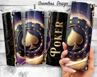 Luxury Poker Tumbler Wrap, Black and Gold Casino 20oz Skinny Sublimation, Spades Poker Chip Design, Card Lover Digital Download