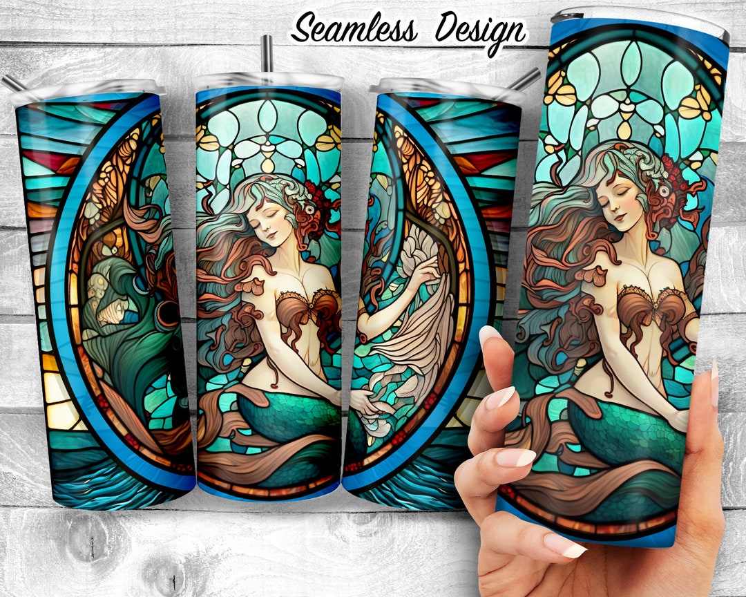 Coastal Stained Glass Mermaid 20 Oz Skinny Tumbler Design, Sea Maiden ...