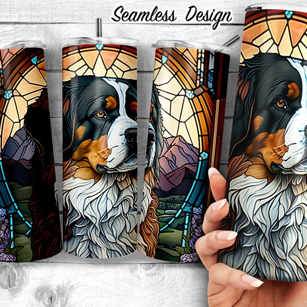 Bernese Mountain Dog Ornate Stained Glass Art 20oz Skinny Tumbler Design, Berner Stained Glass, Sublimation Wrap, Digital Download