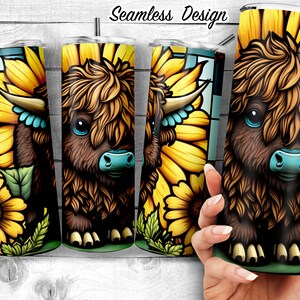 faux Stained Glass Buffalo with sunflowers 20 oz Skinny Tumbler, sunflower cartoon Bison Design, kawaii Sublimation Wrap, Digital Download