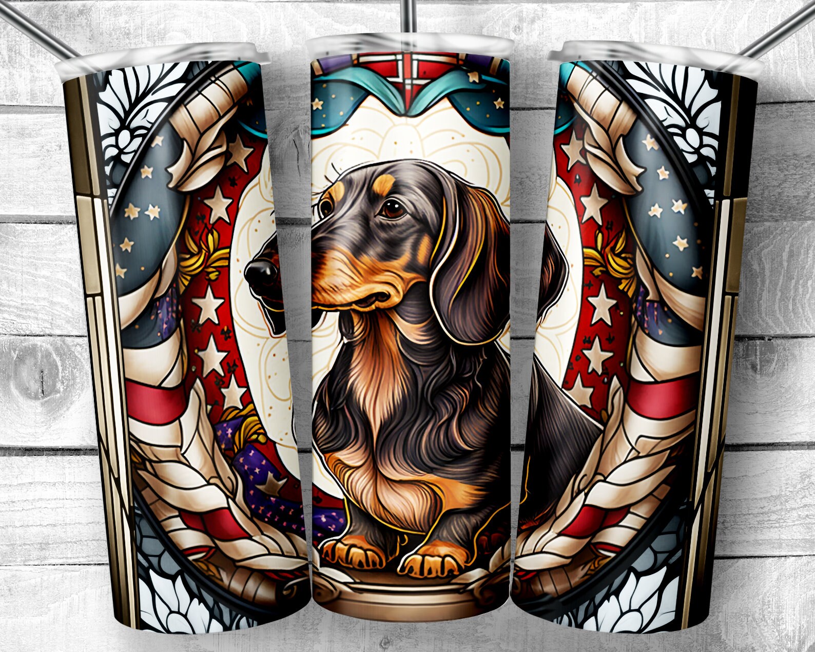 Dachshund Stained Glass 20oz Skinny Tumbler Design, Doxie Ornate Stain Glass Art, Weiner Dog Lover Gift, Sublimation Wrap, Digital Download