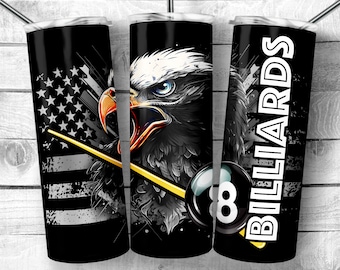 Vintage Billiards Eagle 20oz Skinny Tumbler Sublimation Design, Retro pool Eagle Template, Patriotic snooker Flag wrap Digital Download