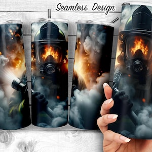 May include: A seamless design featuring a firefighter in a black helmet and a gas mask, holding a hose with water spraying out. The background is a smoky, fiery scene with orange and yellow flames.