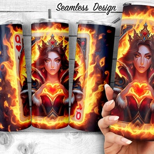 Flaming Queen of Hearts 20 oz Skinny Tumbler Sublimation Design, Poker et Blackjack CardsModèle, Anime queen PNG wrap, Téléchargement numérique