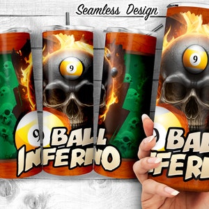 Flammender Schädel neun Kugel Billard 20 Unzen Skinny Tumbler Sublimation Design, Snooker Ghule auf mit Billardtisch PNG wrap, digitaler Download