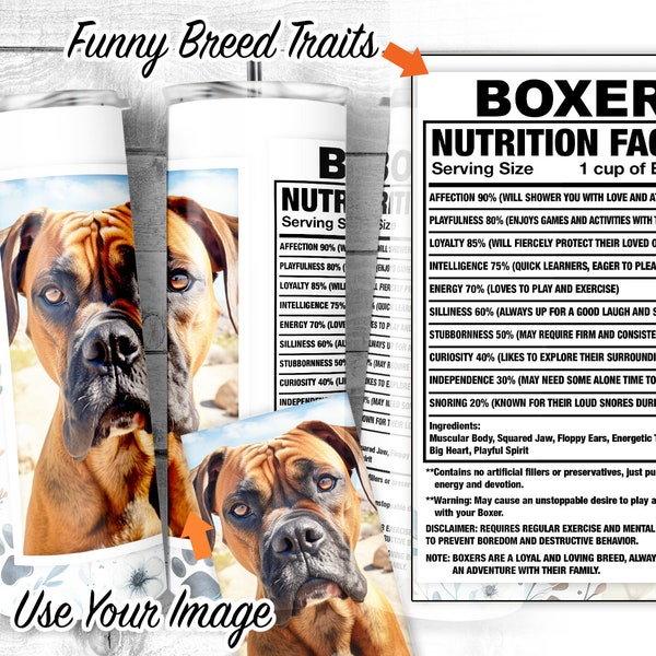 Add Own Photo Boxer 20oz Skinny Tumbler Design, Boxer Dog Facts and Traits, Dog Ingredient Tumbler, Dog Sublimation Wrap, Digital Download