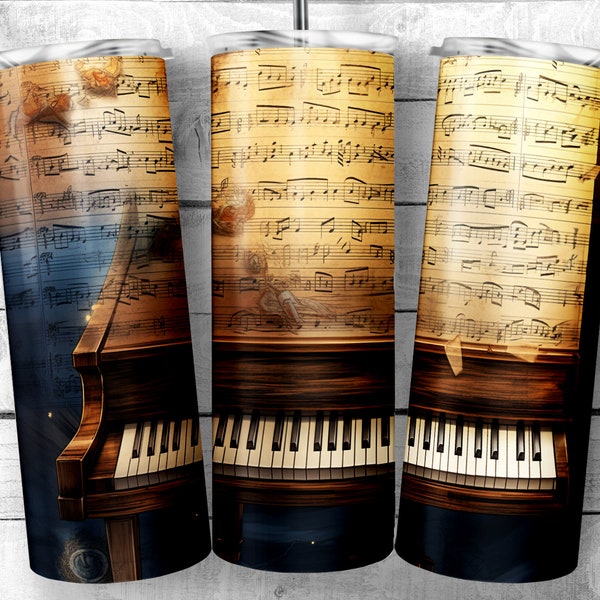 Antique piano with sheet music 20oz Skinny Tumbler Design, vintage keyboard Tumbler Wrap, Music teacher Sublimation Wrap, Digital Download