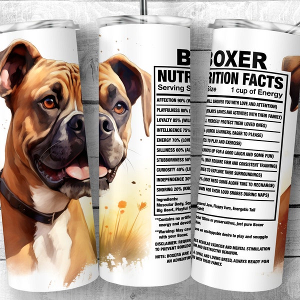 Boxer 20 oz Skinny Tumbler Design, Boxer Dog Facts, BoxerDog Traits, Dog Ingredient Tumbler, Dog Sublimation Wrap, Digital Download