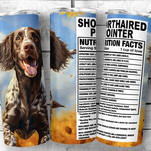 Puede incluir: Una ilustración colorida de un Braco Alemán de Pelo Corto corriendo por un campo de girasoles. La imagen está diseñada para parecer una etiqueta de información nutricional, con información sobre los rasgos de personalidad de la raza, como la alegría, la lealtad y la inteligencia.