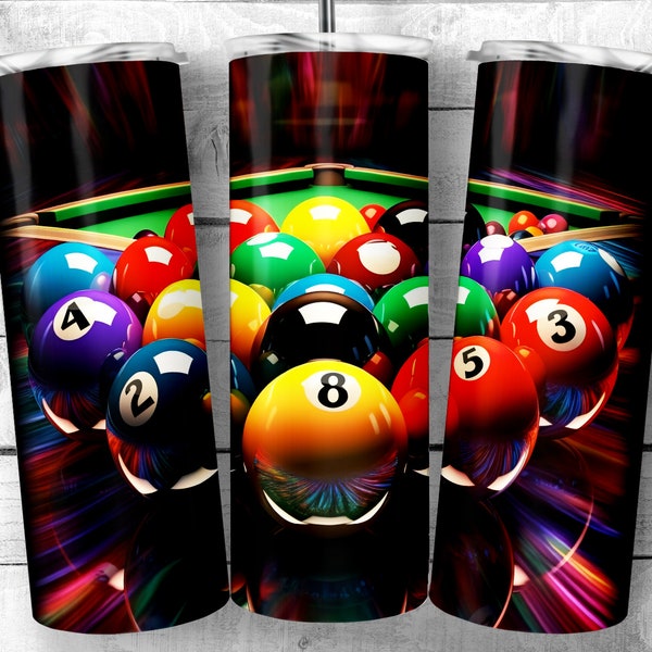 Colorful Billiards Balls 20 oz Skinny Tumbler Sublimation Design, pool table with spectrum of pool balls PNG, Digital Download