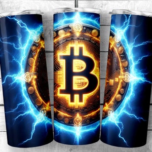 electric Bitcoin 20oz Skinny Tumbler Sublimation Design, Glowing bitcoin PNG wrap, Crypto lover Png, Digital Download