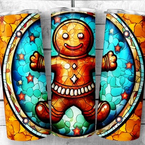 Faux Stained Glass Gingerbread Man 20oz Skinny Tumbler, Cheerful gingerbread cookie Sublimation Design, Digital Download