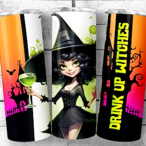 Drink Up Witches Halloween 20oz Skinny Tumbler Png, Funny witch with green drink Design, Anime halloween witchy design, Digital Download