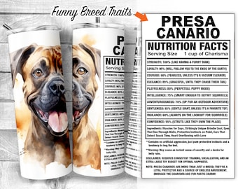 Presa Canario 20oz Skinny Tumbler Design, Canary Mastiff Dog Facts, Perro de Presa Canario Traits Sublimation Wrap, Digital Download