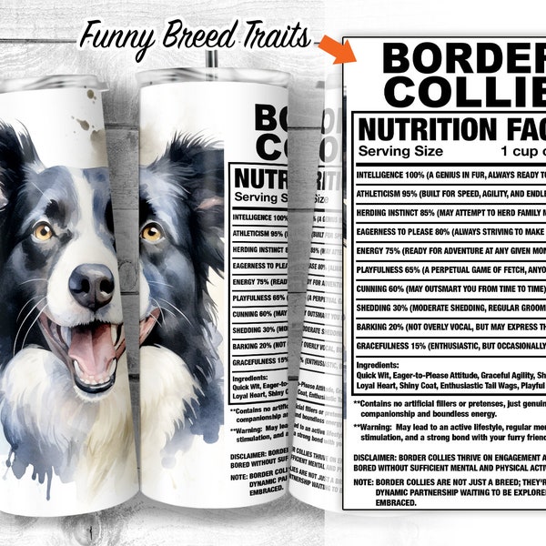 Border Collie 20oz Skinny Tumbler Design, Working Collie Dog Facts and Traits, Dog Ingredient Tumbler, Sublimation Wrap, Digital Download