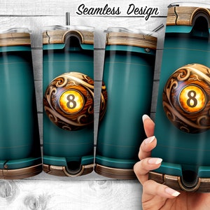 Pool Ball on Billiards Table 20 oz Skinny Tumbler Sublimation Design | Wood 8 Ball on Snooker Table Template, seamless wrap Digital Download