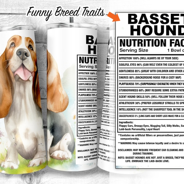 Basset Hound 20oz Skinny Tumbler Design, Basset Dog Facts, Hush Puppy Traits, Dog Ingredient Tumbler, Dog Sublimation Wrap, Digital Download