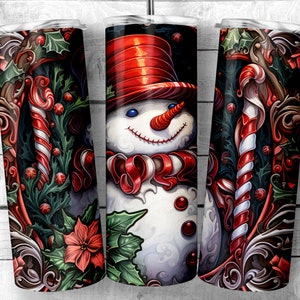 May include: A white snowman with a red hat and scarf, surrounded by green holly and red candy canes. The background is a dark green and black pattern.