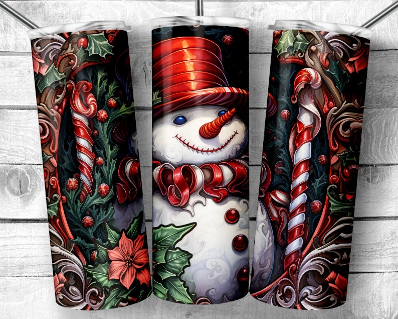 May include: A white snowman with a red hat and scarf, surrounded by green holly and red candy canes. The background is a dark green and black pattern.