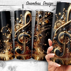 May include: A black and gold tumbler with a seamless design featuring a treble clef and musical notes. The design is repeated across the entire surface of the tumbler.