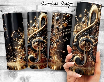 Gold and Black Music Clef 20oz Skinny Tumbler Design, Luxury 3d Music Wrap, Big Music Note Sublimation Wrap, Music Teacher, Digital Download