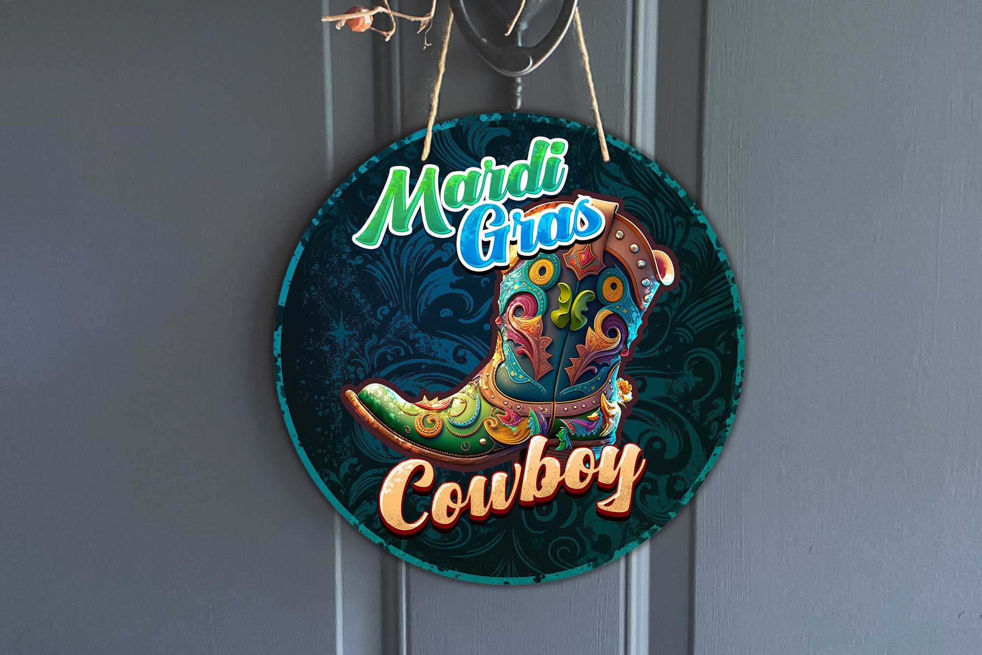 Marti Sign Colorful Marti Gras Cowboy Sign - Carnival Western Boot Design, City ...