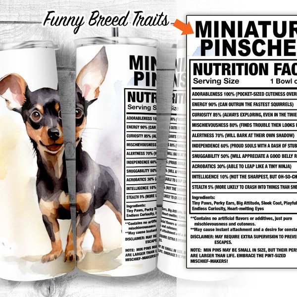 Miniature Pinscher 20oz Skinny Tumbler Design, Min Pin Traits and facts, Dog Ingredient Tumbler, Dog Sublimation Wrap, Digital Download