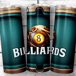 Pool Ball on Billiards Table 20 oz Skinny Tumbler Sublimation Design | Wood 8 Ball on Snooker Table Template, seamless wrap Digital Download