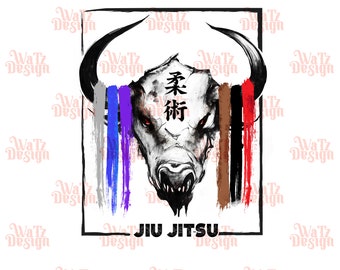 May include: Black and white illustration of a bull's head with a red, blue, purple, and brown brushstroke design behind it. The text "柔術" is written in Japanese characters on the bull's forehead. The text "JIU JITSU" is written below the bull's head.