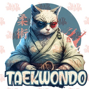 Könnte beinhalten: Eine weiße Katze, die einen Karate-Gi und eine Sonnenbrille mit roten und blauen Gläsern trägt. Die Katze sitzt mit gekreuzten Beinen und hat einen ernsten Gesichtsausdruck. Der Hintergrund ist ein blauer Kreis mit dem Wort "Taekwondo" in weißen Buchstaben.