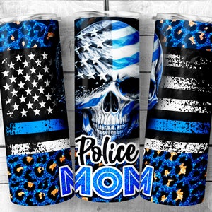 Police mom Patriotic skull 20oz Skinny Tumbler Design | skull on patriotic leopard flag Design Tumbler Wrap | Proud mom Sublimation Wrap