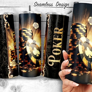Fiches da poker oro e nero Design sublimato tumbler magro da 20 once, modello di design di poker di lusso, amante delle carte, casinò PNG, download digitale
