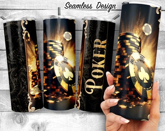 Gold and Black Poker Chips 20oz Skinny Tumbler Sublimation Design, Luxury Poker Design Template, Card lover, Casino PNG,Digital Download
