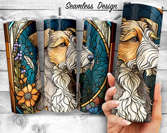 May include: A seamless design featuring a wirehaired fox terrier dog with a stained glass pattern. The dog's head is facing the right side of the image. The background is a blue and green stained glass pattern with floral accents.