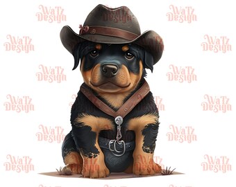 Western Themed Cute Rottweiler With Cowboy Hat PNG Cartoon