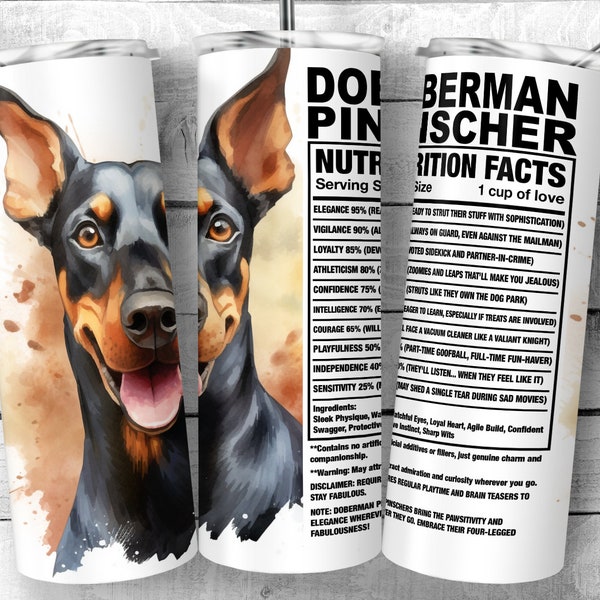 Doberman Pinscher 20oz Skinny Tumbler Design, Dobie Dog Facts, Dobber Dog Traits, Ingredient Tumbler Sublimation Wrap, Digital Download