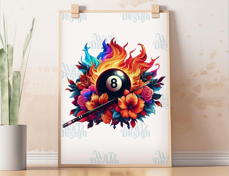 Flaming 8 Ball Floral Billiards PNG, Pool Ball Sublimation Design ...