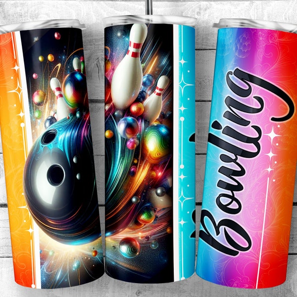 Colorful Bowling Ball and pins 20 oz Skinny Tumbler Sublimation Design, Spectrum Bowling Design Template, psychedelic png, Digital Download
